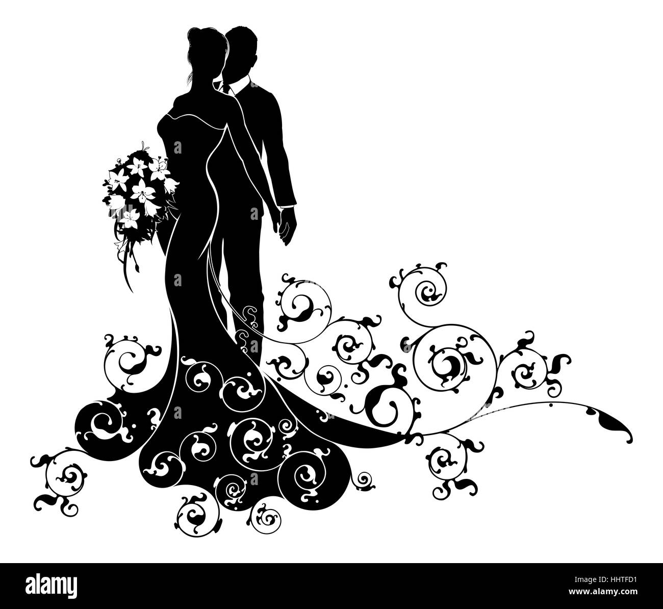 Eine Braut und Bräutigam Brautpaar Silhouette mit der Braut in einer Braut Kleid Brautkleid hält einen Blumenstrauß der Blumen und eine abstrakte flora Stockfoto