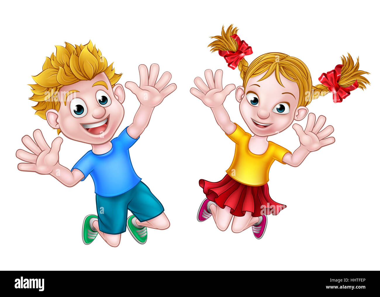 Glücklich Cartoon junge Mädchen und jungen springen vor Freude mit den Händen in der Luft Stockfoto