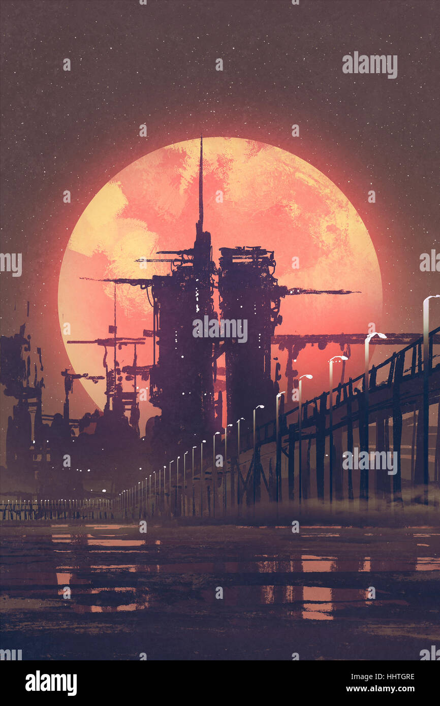 Nachtlandschaft der futuristischen Stadt mit roten Planeten auf Hintergrund, Illustration, Malerei Stockfoto
