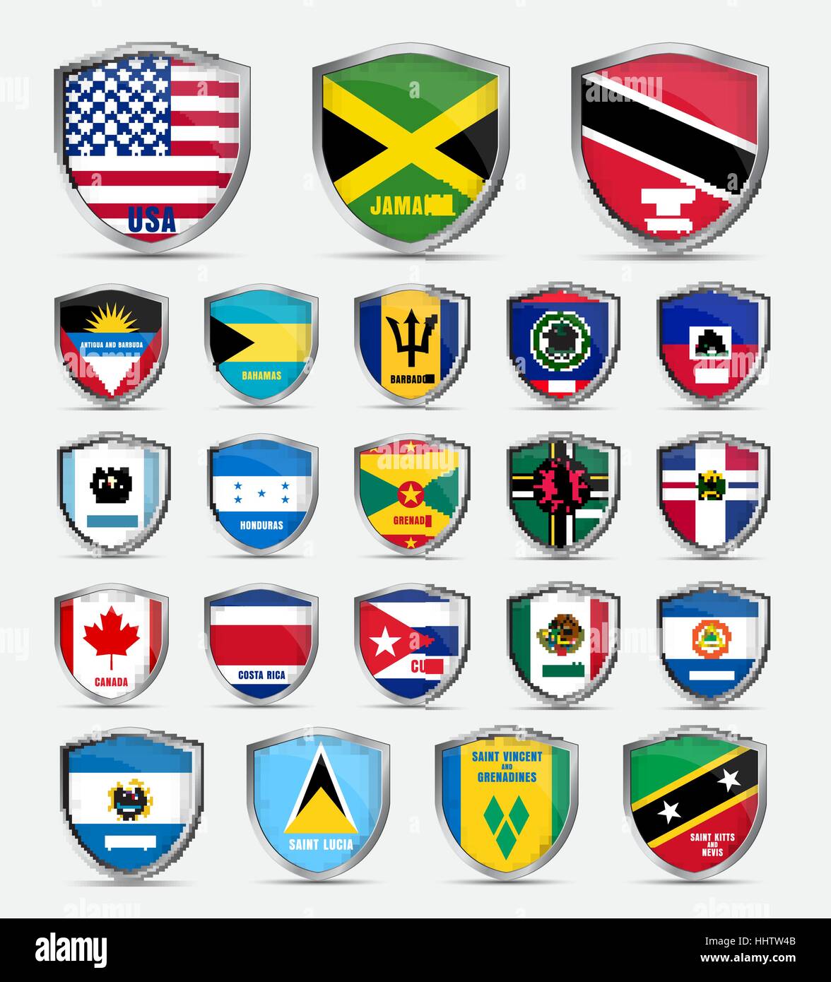 Vorlage der schützenden Boards mit Fahnen und die Namen der Länder von Nordamerika. Vektor-Illustration. Set Schilder Stock Vektor