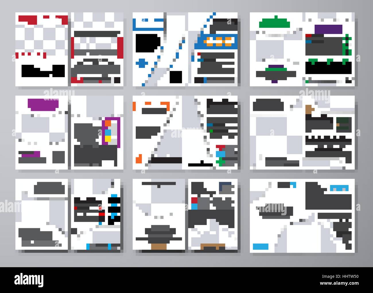 Große Reihe von weißen Flyer mit verschiedenen geometrischen Elementen. Broschüre Vorlagen zwei Seiten, A4, mit Platz für Fotos und Informationen. Vektor-illustration Stock Vektor
