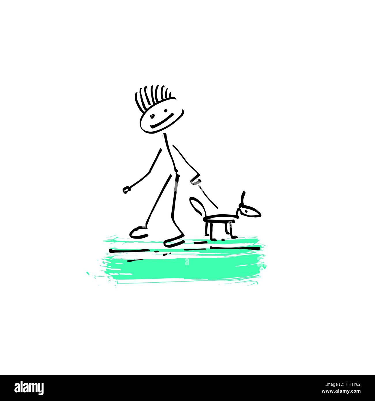 Zeichnung Skizze Doodle menschlichen Strichmännchen Mann zu Fuß mit einem  Hund Stock-Vektorgrafik - Alamy