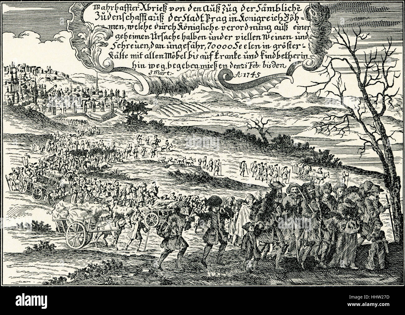 "Exodus der Juden aus Prag, 1745. (Aus einem zeitgenössischen Print.) " Stockfoto