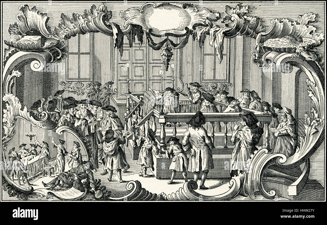 "Einhaltung der Purim in einer deutschen Synagoge des achtzehnten Jahrhunderts. (Von Bodenschatz, "Kirchliche Verfasssung", 1748.) " Stockfoto