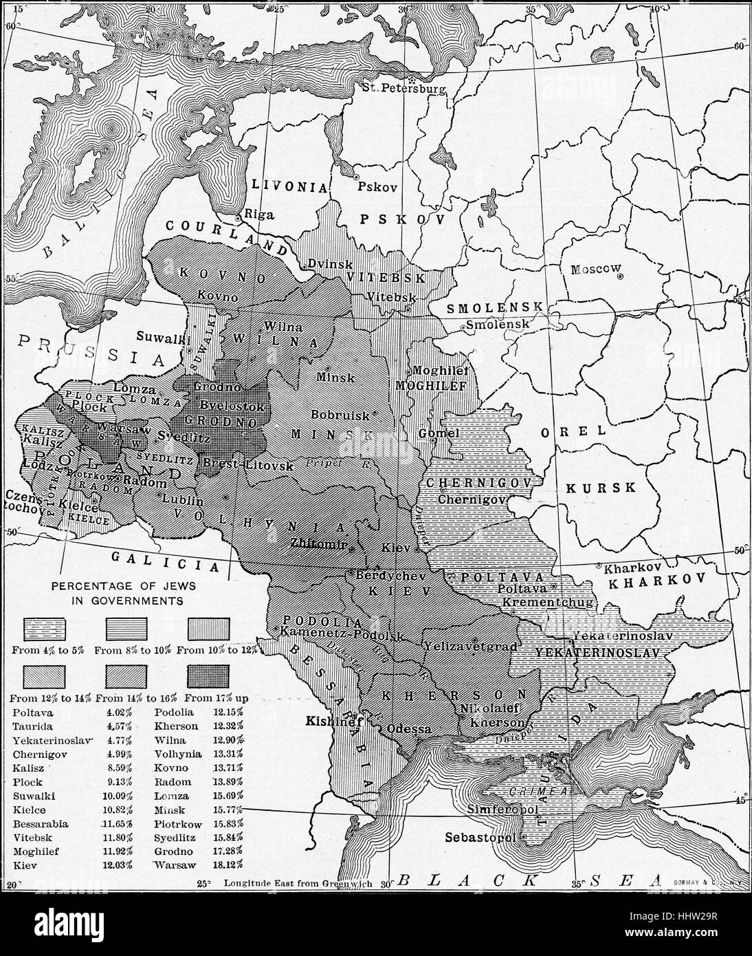 Karte der westlichen Russland zeigt jüdischen Ansiedlungsrayon Stockfoto