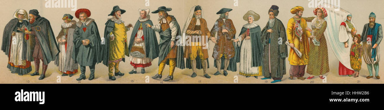 Kostüme von Juden II (2/3): 13. Deutschland (Würmer, 16. Jahrhundert); 14. Deutschland (Nürnberg, 17.-18. Jahrhundert); 15. Deutschland Stockfoto