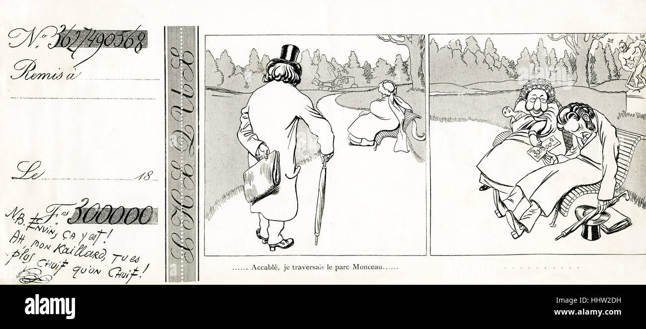 Französische antisemitische Karikatur des späten 19. Jahrhunderts. Die Note ist für 300.000 Mann eine Frau im Park Monceau folgt "Accable Je Stockfoto