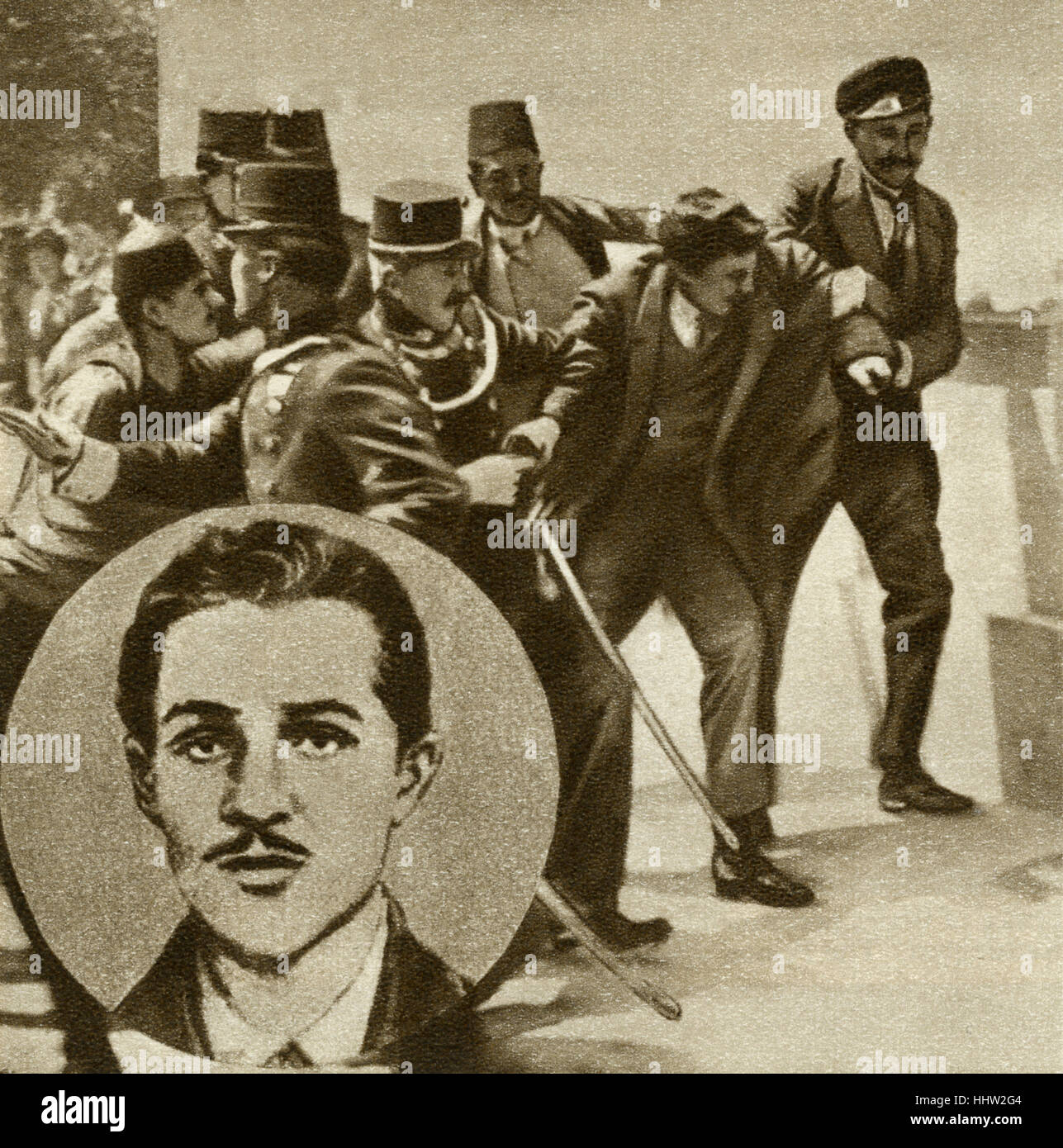 Gavrilo Prinzip ist nach seiner Ermordung des Erzherzogs Franz Ferdinand von Österreich, 26. Juni 1914 in Sarajevo verhaftet. Stockfoto