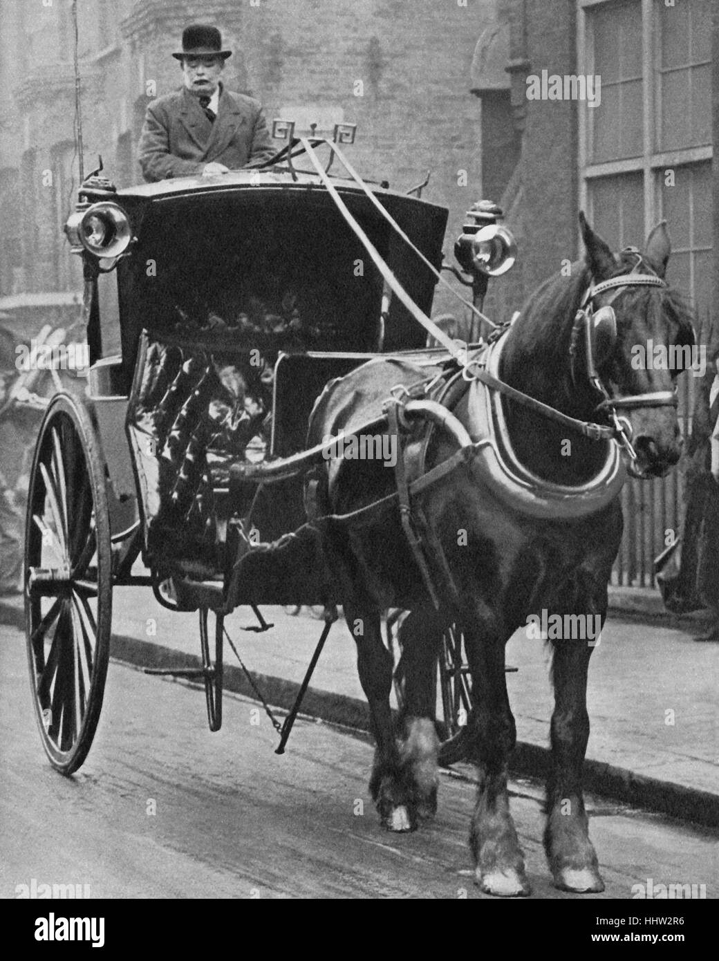 Hansom Cab, 1910. Pferdekutsche-Transport. Stockfoto