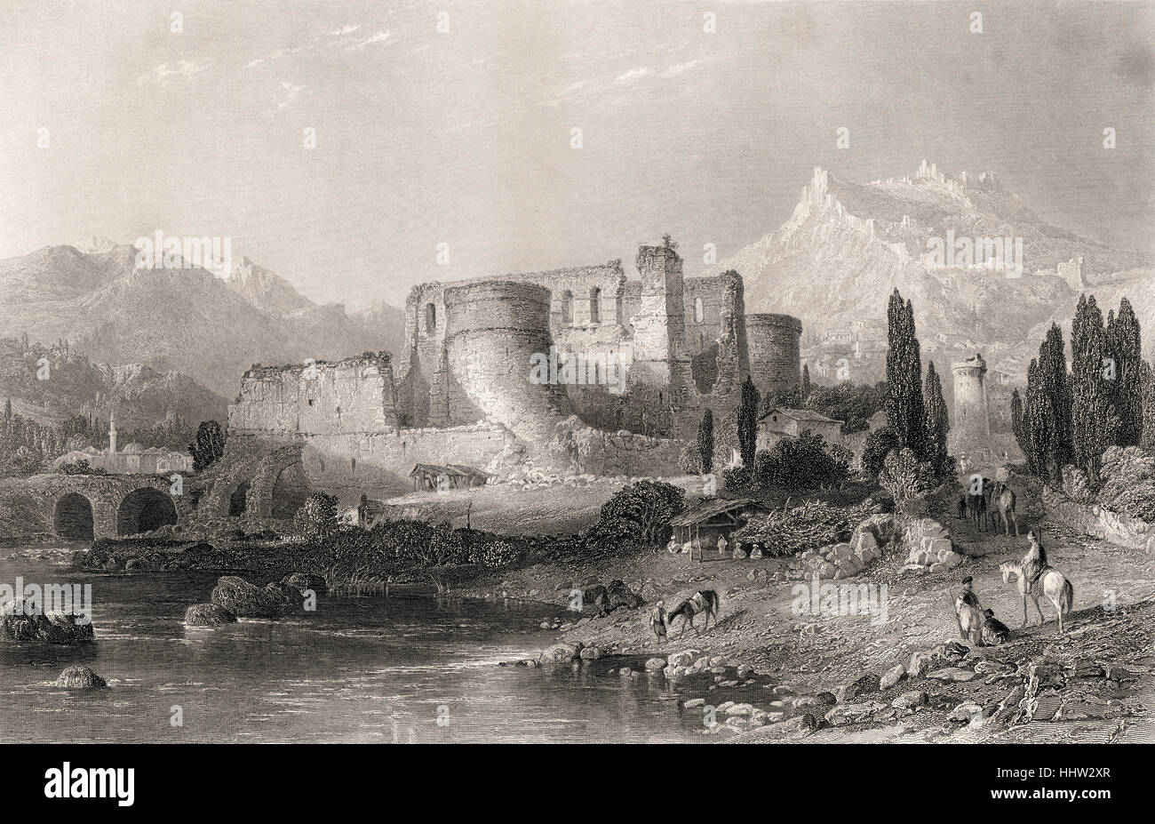 Pergamon (Pergamon / Pergamon) Ruinen der antiken griechischen Stadt (jetzt in der Provinz Izmir, Türkei). 19. Jahrhundert-Gravur Stockfoto
