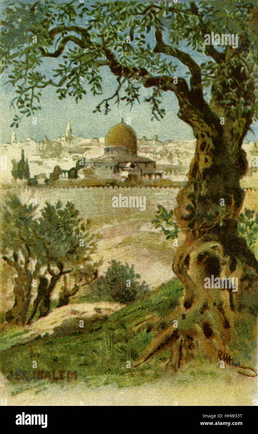 Blick auf Jerusalem. Gesamtansicht mit Stadtmauer und Omar-Moschee.  . Veröffentlicht in Berlin. Stockfoto