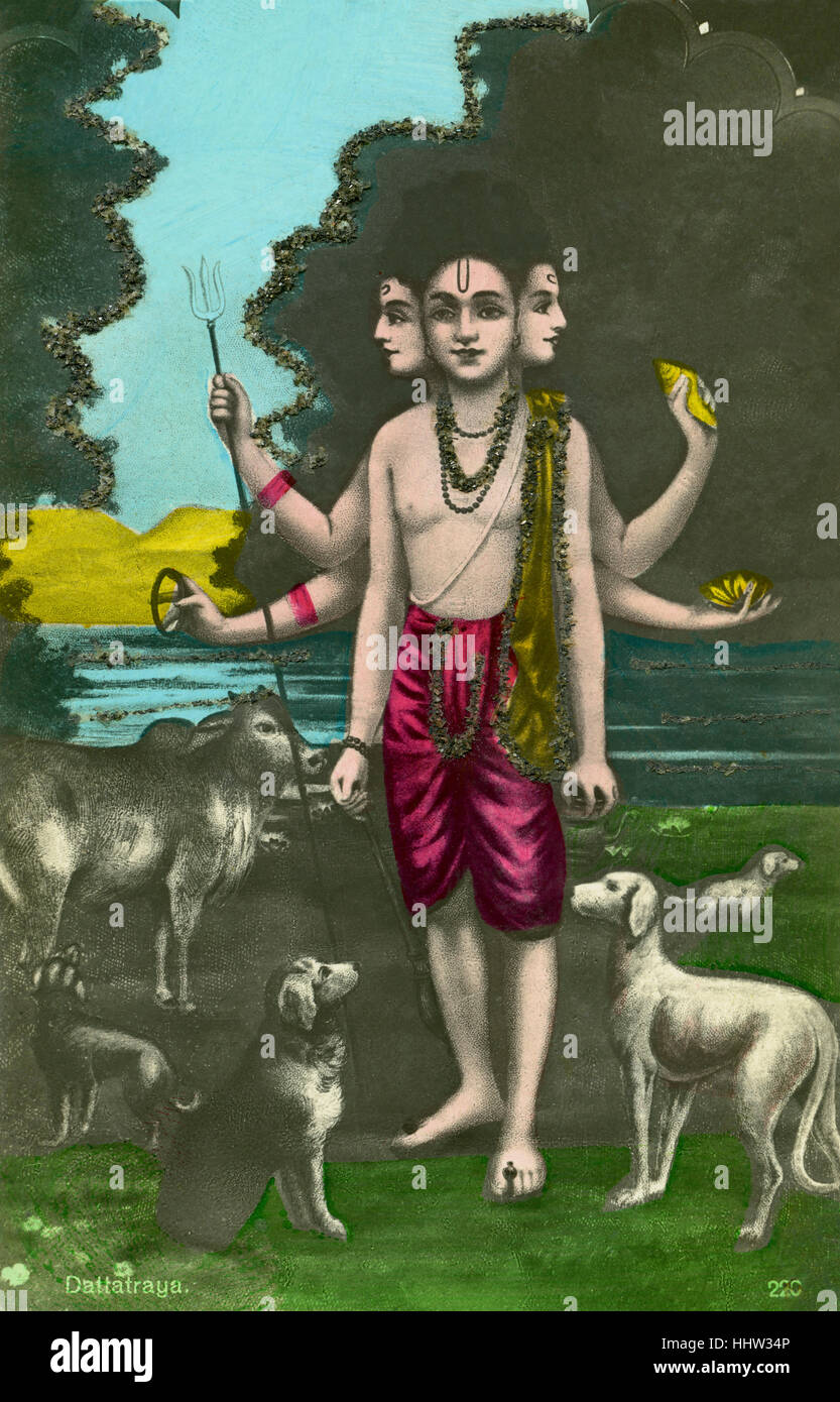 Dattatreya, Hindu-Gottheit als ein Avatar der Götter Brahma, Vishnu und Shiva (Trimurti). Postkarte, 20. Stockfoto