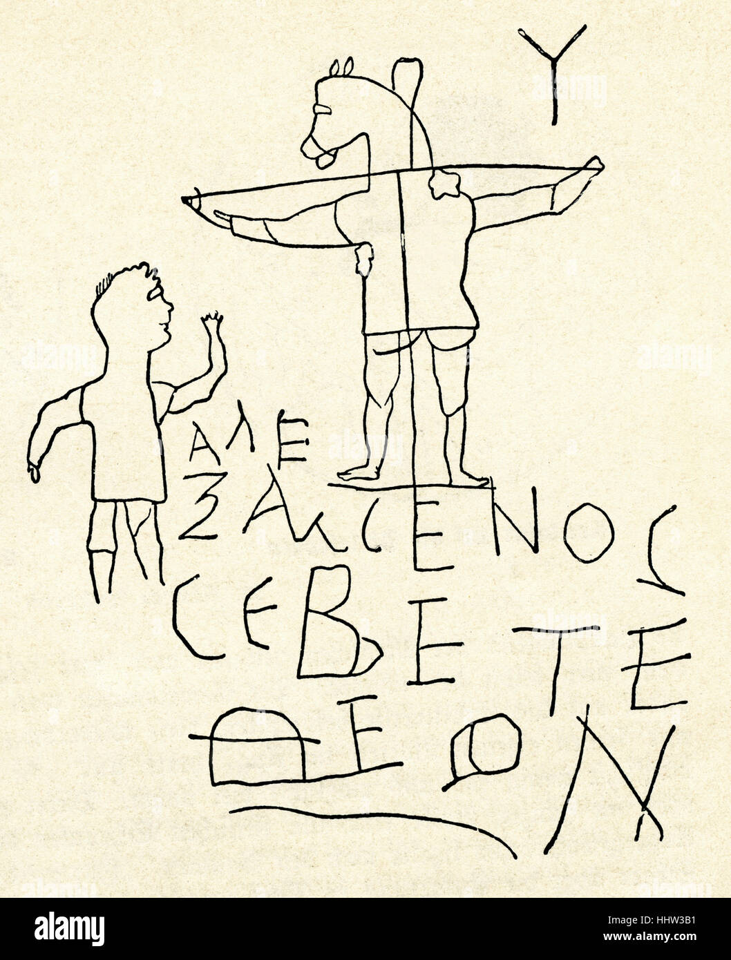 Alexamenos Graffito - Roman anti-christlichen Graffiti, Palatin, Rom. Griechische Inschrift lautet "Alexamenos betet seinen Gott" Stockfoto