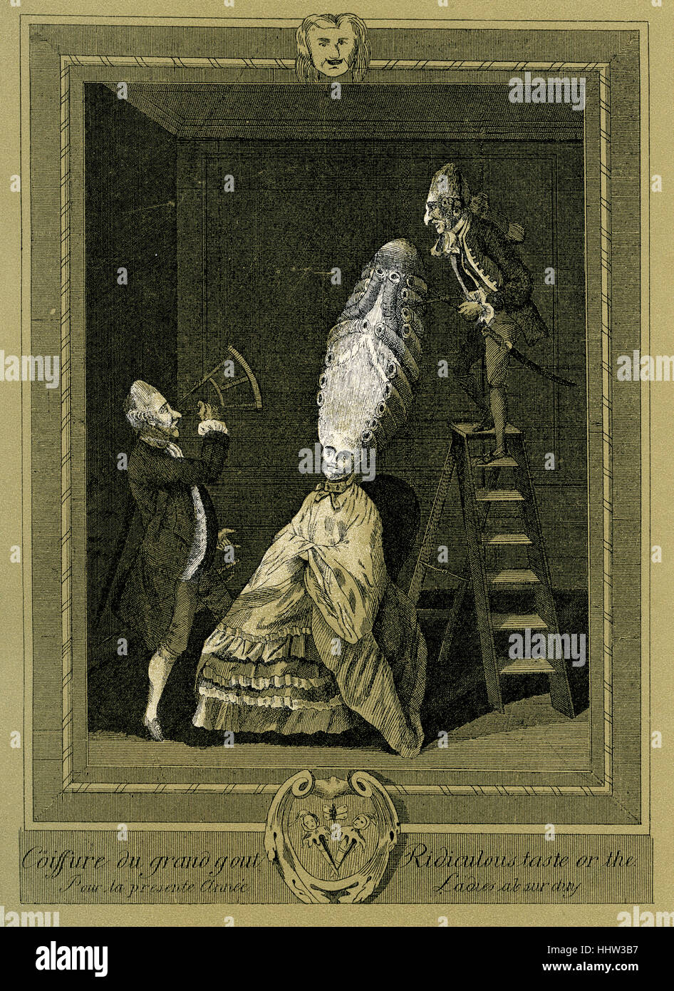 18. Jahrhundert französische Karikatur satirising die Mode für riesige Perücken. Bildunterschrift lautet: "Coiffure du grand Gicht pour la presente Annee". 1780. Stockfoto