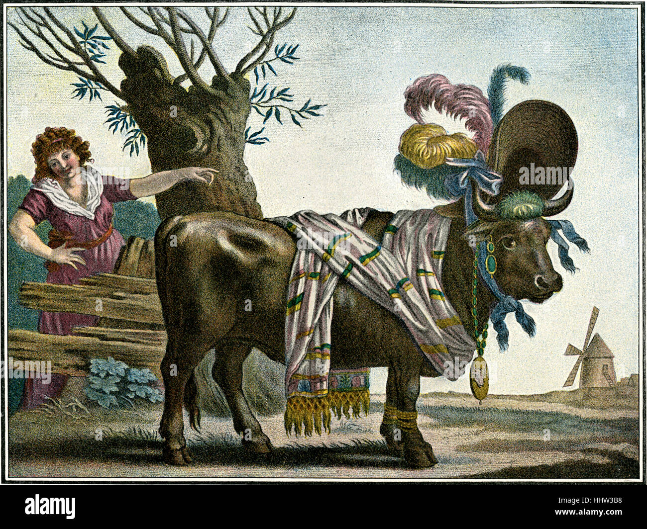 Der Mode-Ochse - anonyme französische Karikatur persiflierendes 19. Jahrhundert Mode Darstellung einer Kuh, die einen großen Hut, Federn und Stockfoto