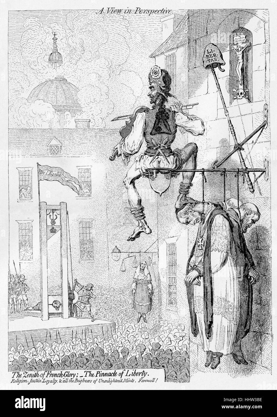 Hinrichtung von Louis XVI - 1793 Karikatur von James Gillray satirising der französischen Revolution. Bildunterschrift lautet: "den Höhepunkt der französischen Herrlichkeit; der Gipfel der Freiheit. Religion, Gerechtigkeit, Loyalität und den Gespenstern des unerleuchteten minds, lebe wohl! " Stockfoto
