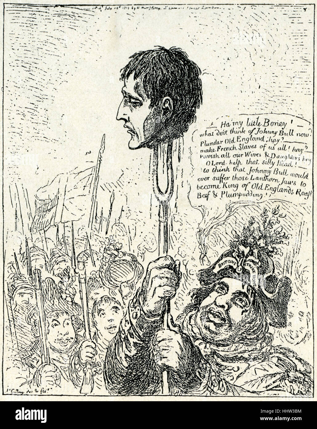 John Bull hält den Kopf von Napoleon Bonaparte auf einen Hecht. 1803 die Karikatur von James Gillray persiflierendes Napoleon geplant. Stockfoto