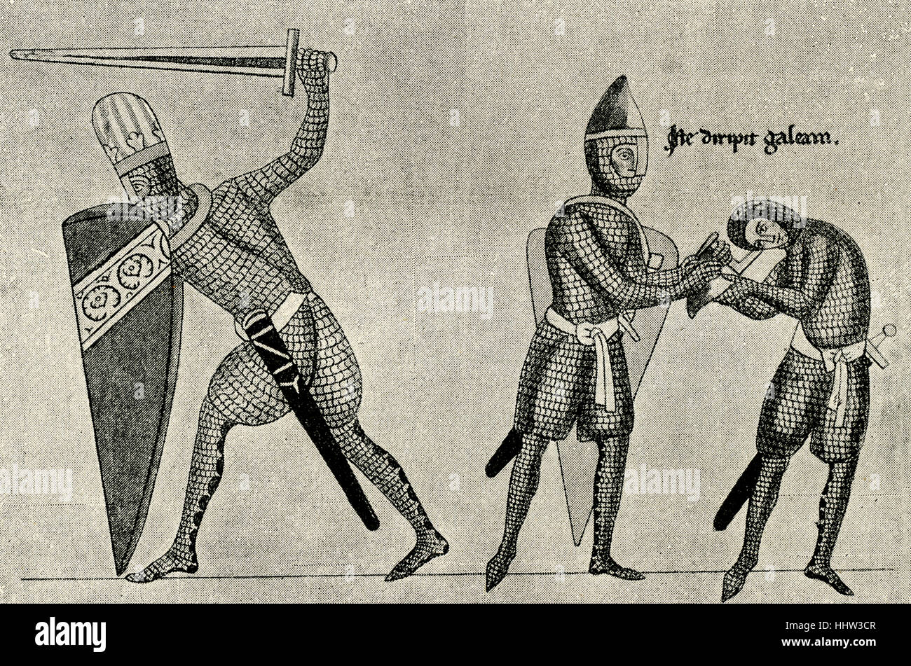 Rüstungen und Waffen des 12. Jahrhunderts in Deutschland, hilft ein Ritter einen anderen Ritter auf seinem Helm, c. 1165-1175 entfernen Stockfoto