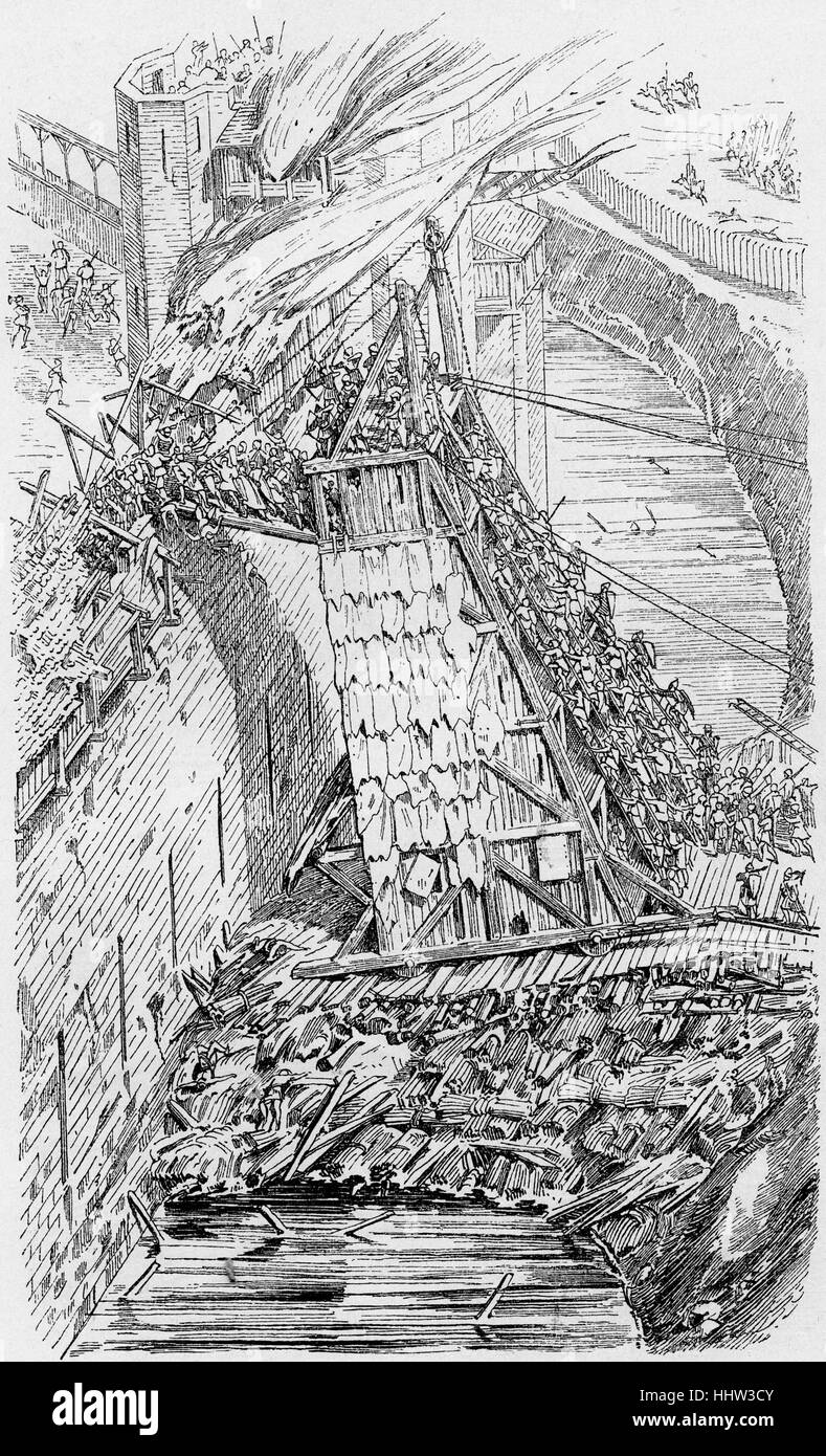 Belagerte Stadt, Darstellung demonstriert die Verwendung von einen Belagerungsturm maßstabsgetreu eine Burgmauer, 12. Jahrhundert Deutschland Stockfoto