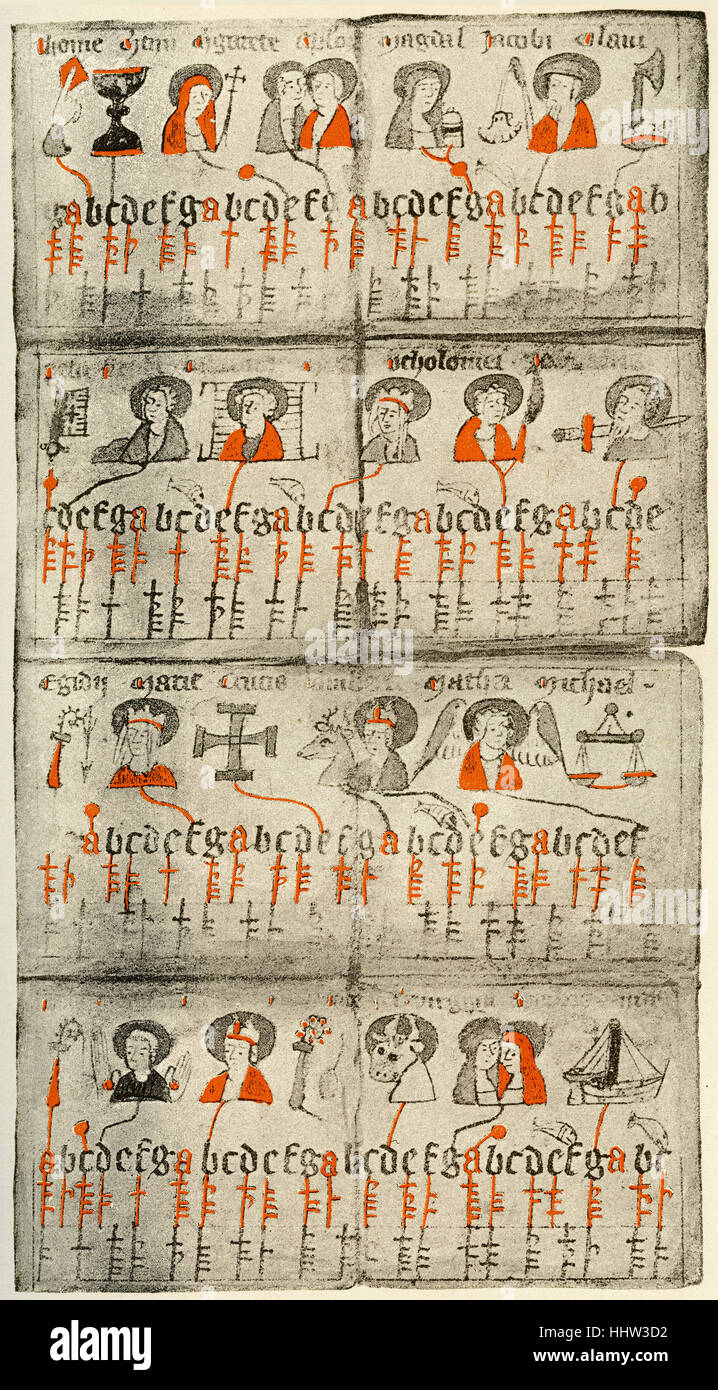 13. Jahrhundert deutsche Landwirtschaft Kalender mit Runen Symbolen auf Pergament Stockfoto
