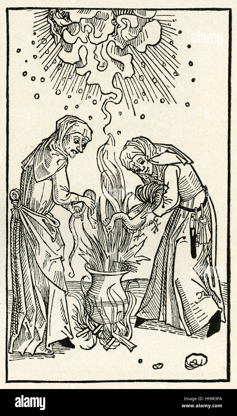 Hexen Brauen einen Zauber in einen Kessel, Holzschnitt c. 1508 aus "De Lamiis et Pythonicis Mulieribus, Trakt auf Hexerei von Ulrich Stockfoto