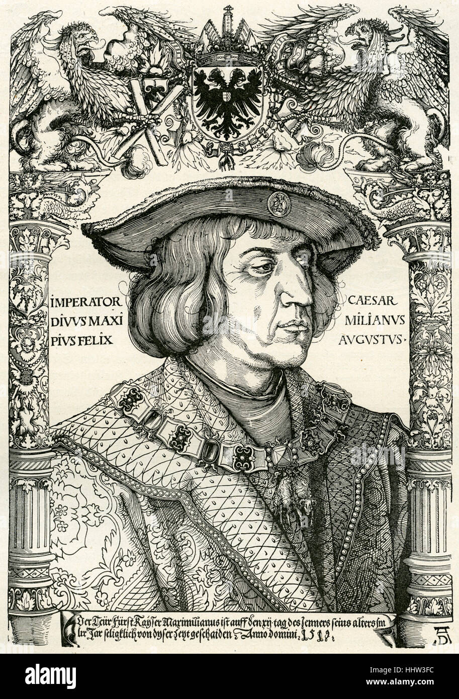 Maximilian i., Kaiser des Heiligen Römischen Reiches (22 März 1459 – 12 Januar 1519), Holzschnitt von Albrecht Dürer (1471-1528) Stockfoto