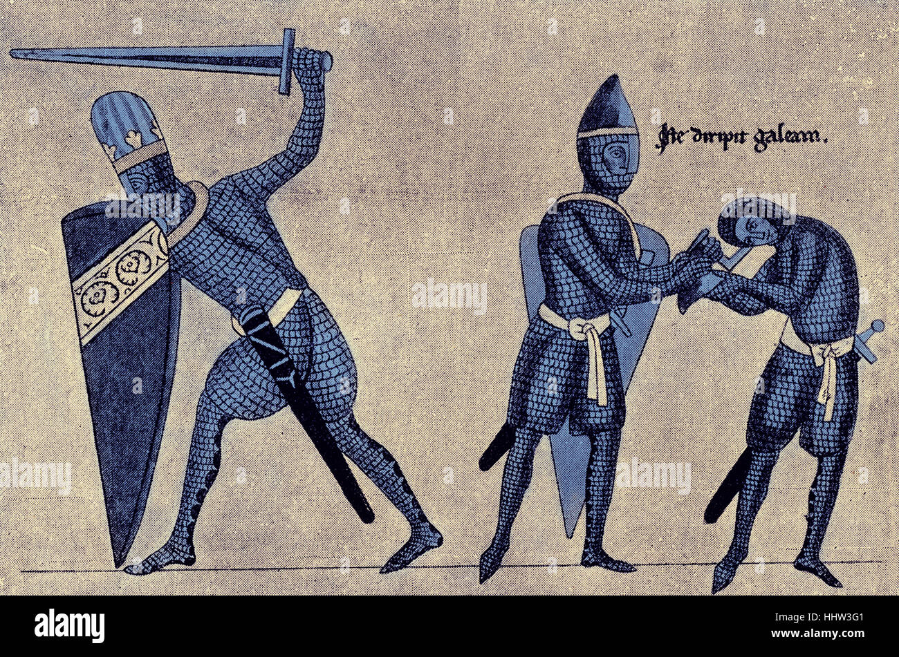 Rüstungen und Waffen des 12. Jahrhunderts in Deutschland, hilft ein Ritter einen anderen Ritter auf seinem Helm, c. 1165-1175 entfernen Stockfoto