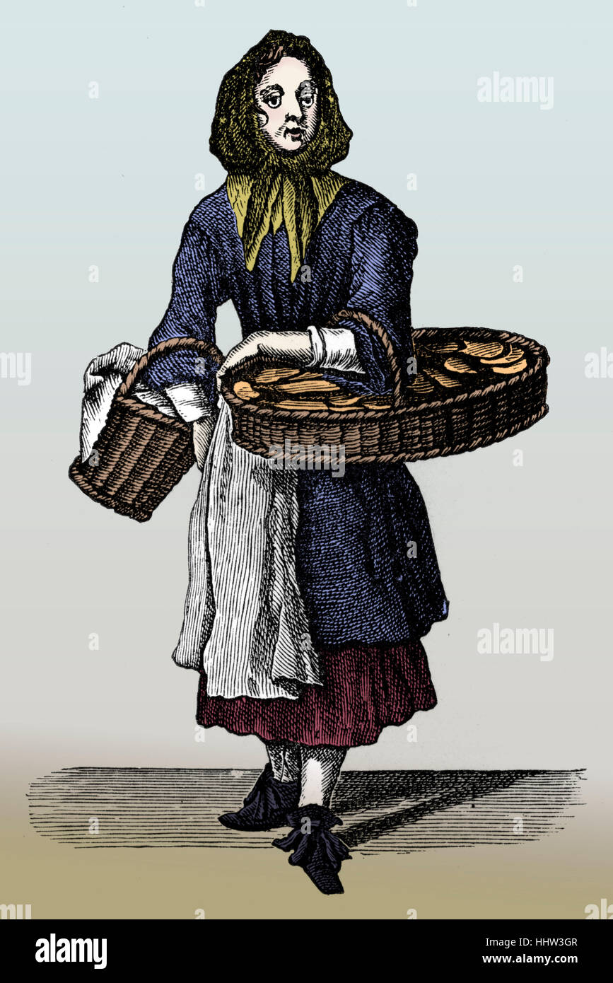 Die Schreie der London: "Kaufen Sie meine holländische Biskets" von Marcellus Laroon 1689. Frau holländische Kekse zu verkaufen. Reihe von Radierungen erste Stockfoto