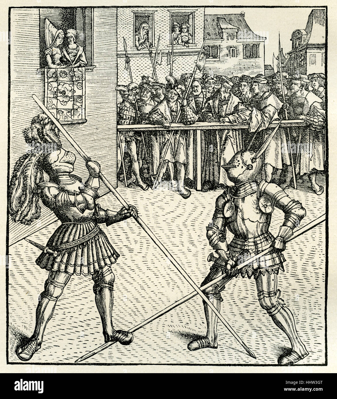 Maximilian I, Heiliger römischer Kaiser (22 März 1459 – 12 Januar 1519) konkurrieren in einem Turnier mit Lanzen bekämpfen. Holzschnitt Stockfoto