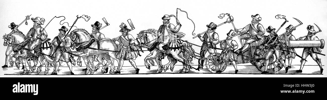 Kanone Regiment - Kanone entlang von Pferden gezogen. 1592 Holzschnitt Stockfoto