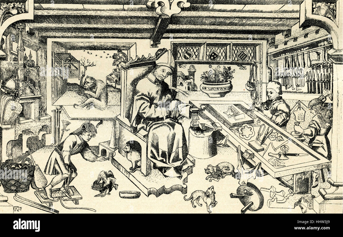 Goldschmiedewerkstatt, 15. Jahrhundert, Kupfer-Gravur Stockfoto