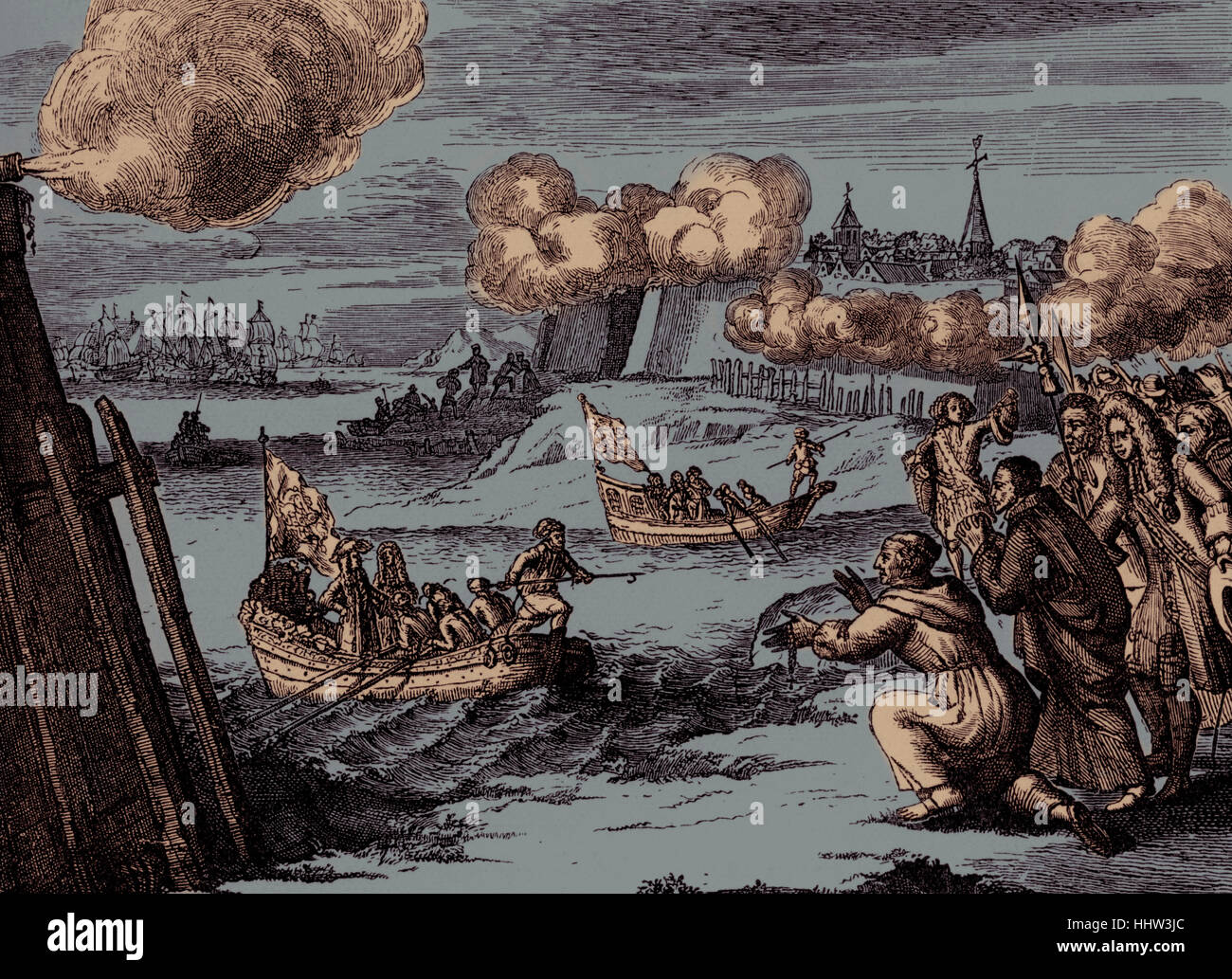 Jakob II. landet auf dem Kinsale, 1690. Stadt im County Cork, Irland. König von England und Irland (James VII von Schottland), 14. Oktober 1633 – 16. September 1701. Quelle veröffentlicht Amsterdam, 1690. Stockfoto