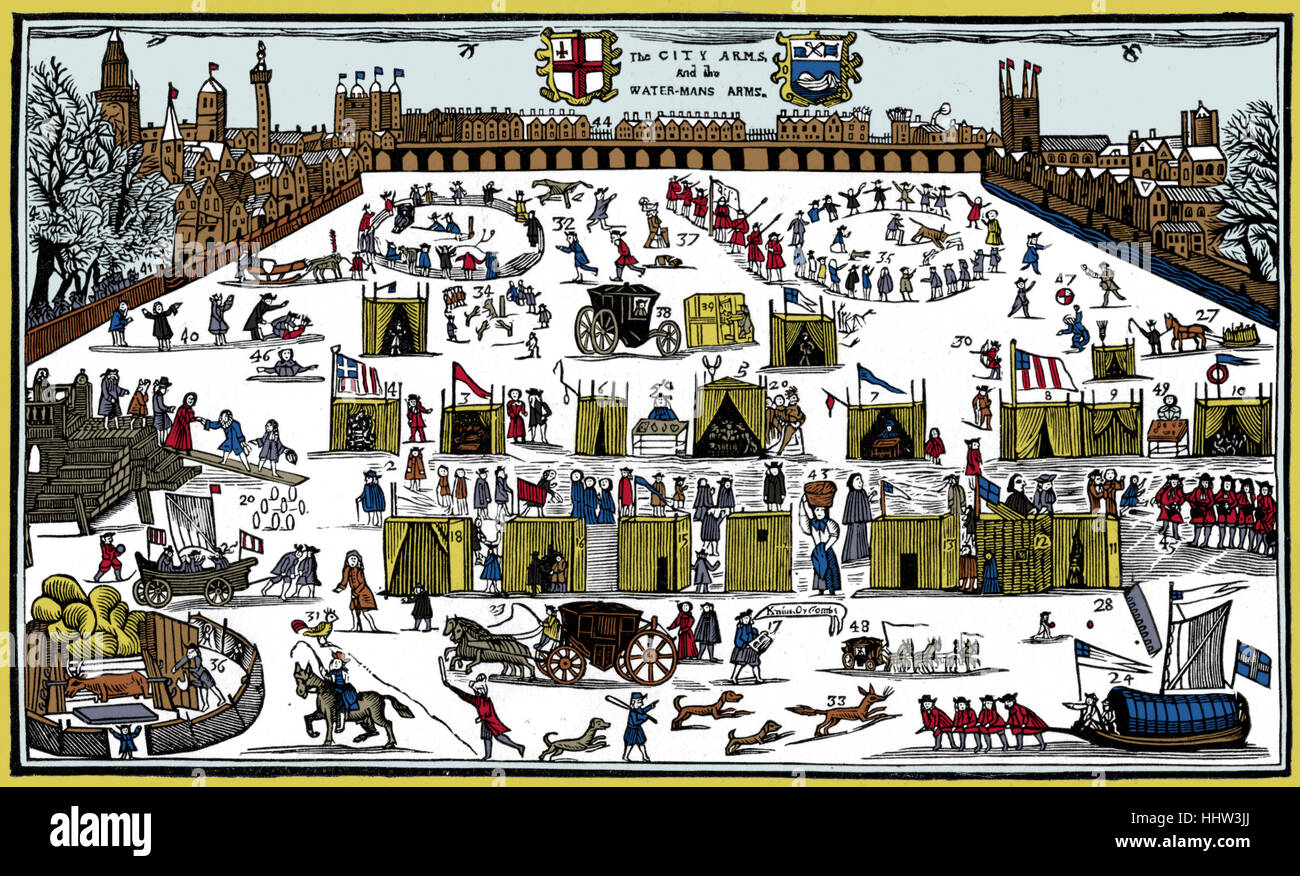 Frost-Messe an der Themse, 1683. Während der große Frost von 1683 / 84 erfasst der schlimmste Frost in England. Stockfoto