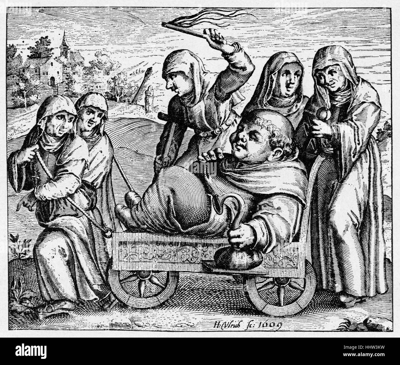 Reformation-Ära Karikatur, 1609, allegorische Darstellung des Mönchs Voids Stockfoto