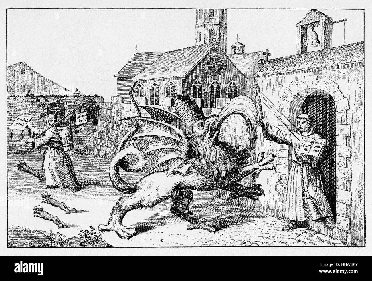 Allegorische Darstellung des Martin Luther mit einer Fackel "angezündet durch das Wort Gottes" gegen das Papsttum, dargestellt als Teufel versucht, löschte das Feuer mit Wasser aus seinem Mund. Auf der linken Seite ist ein Priester dargestellt ein Narr Hut Ablasshandel. Reformation-Ära anonymer Karikatur von 1617, anlässlich der Hundertjahrfeier des Martin Luthers 95 Thesen Stockfoto