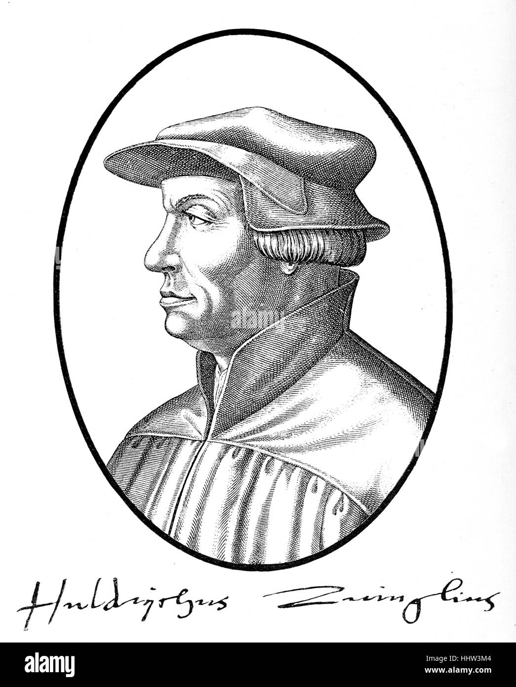 Ulrich (Ulrich) Zwingli (1 Januar 1484 – 11 Oktober 1531), Führer der Reformation in der Schweiz. 1528 Holzschnitt Stockfoto