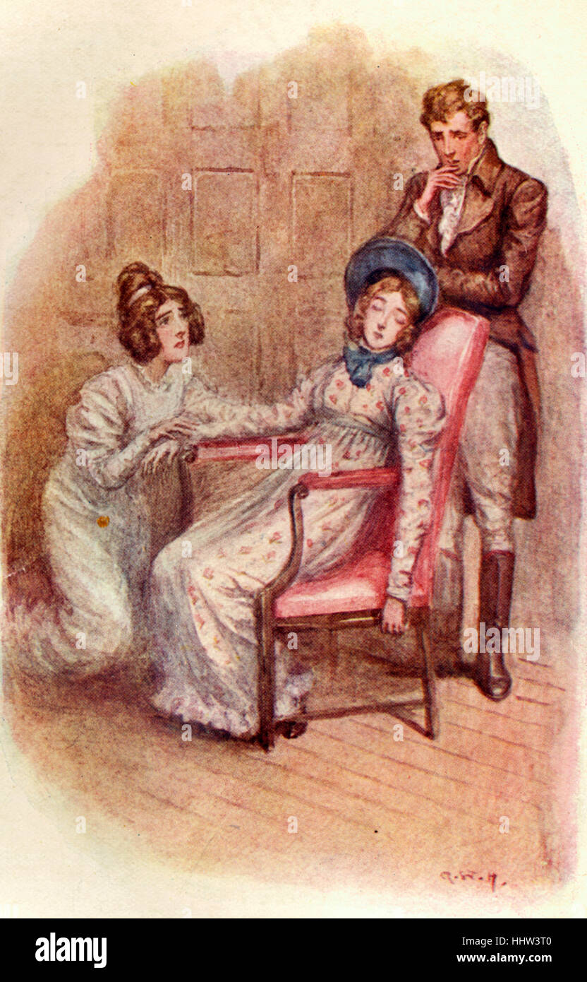 "Emma" von Jane Austen - hat Harriet in Ohnmacht gefallen. Frank Churchill steht hinter ihr und Emma hält ihre Hand. Kapitel XXXIX. Beschriftung Stockfoto