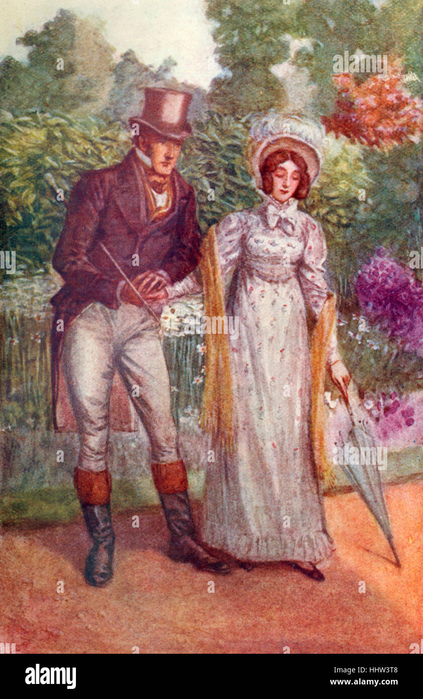"Emma" von Jane Austen - Porträt von Emma und Mr Knightley im Garten. Kapitel XLIX. Bildunterschrift lautet: "" habe ich keine Chance Stockfoto