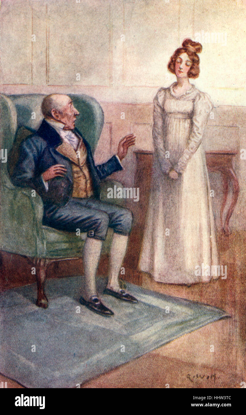 "Emma" von Jane Austen - kündigt Emma zu ihrem Vater, dass sie Mr Knightley heiraten will. Kapitel LIII. Bildunterschrift lautet: "es Stockfoto