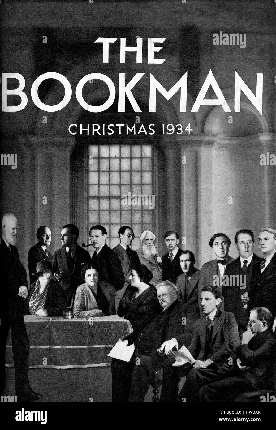 1930er Jahren literarischen Figuren auf dem Cover von "The Bookman" Weihnachten 1934.  Bildunterschrift lautet: "eine literarische Sammlung angeordnet und Stockfoto