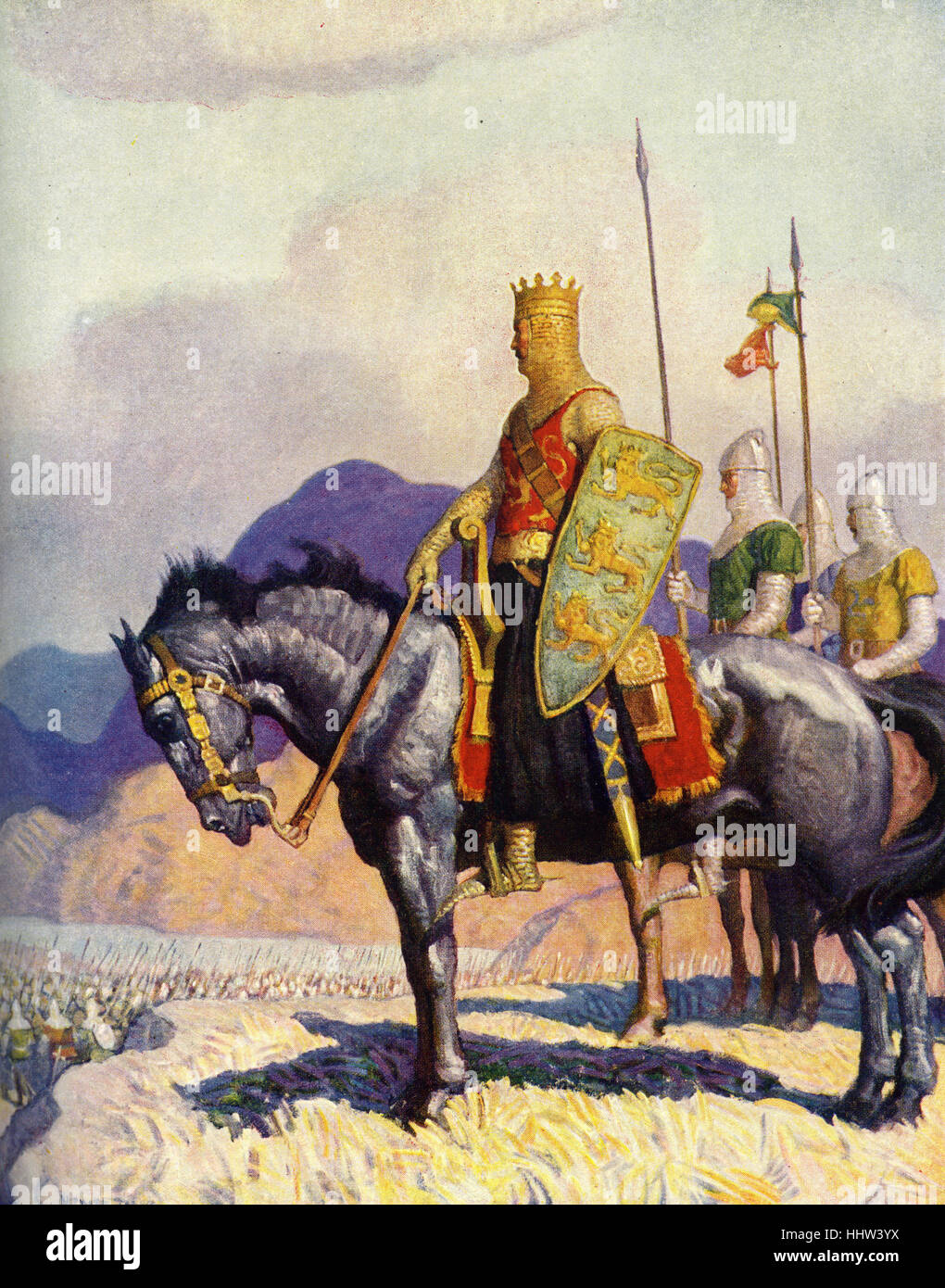 Die Scottish Chiefs von Jane Porter. König Edward (in Rüstung zu Pferd).  Schottischer Historienroman originally published in Stockfoto