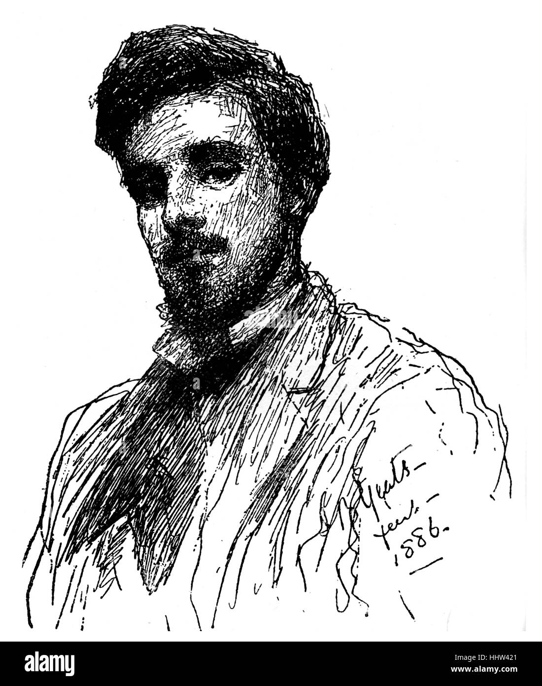 William Butler Yeats. Federzeichnung Skizze (1886) von John B. Yeats (16. März 1839 - 3. Februar 1922.) Irische Dichter & Dramatiker: Stockfoto