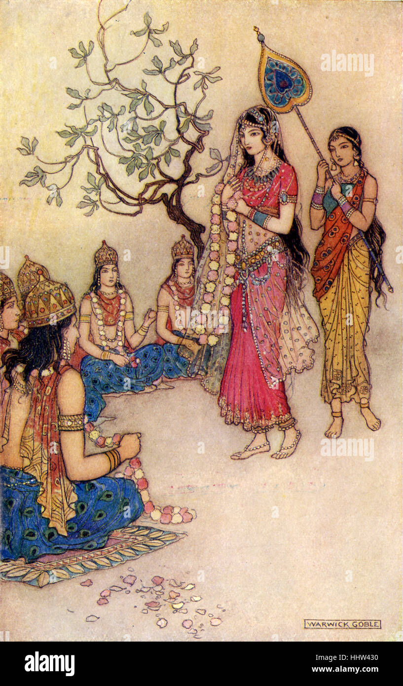 Indische Mythen und Legenden: Damajantis einen Mann zu wählen. Illustration nach einem Gemälde von Warwick Goble, englischer Illustrator von Stockfoto