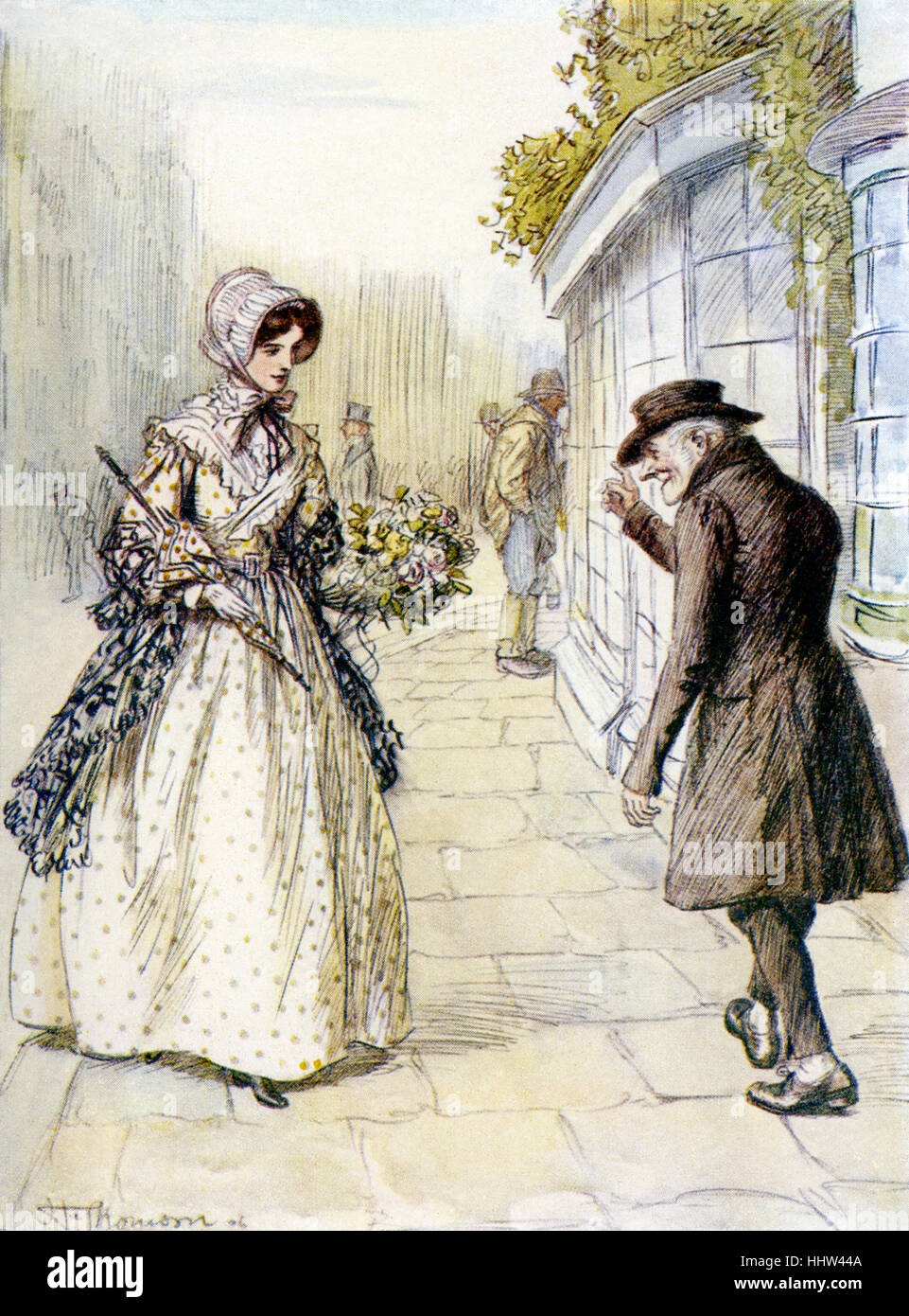 Szenen aus dem kirchlichen Leben von George Eliot.  Illustrationen von Hugh Thomson. Bildunterschrift lautet: "sie nickt, Jonathan Lamb, das alte Stockfoto