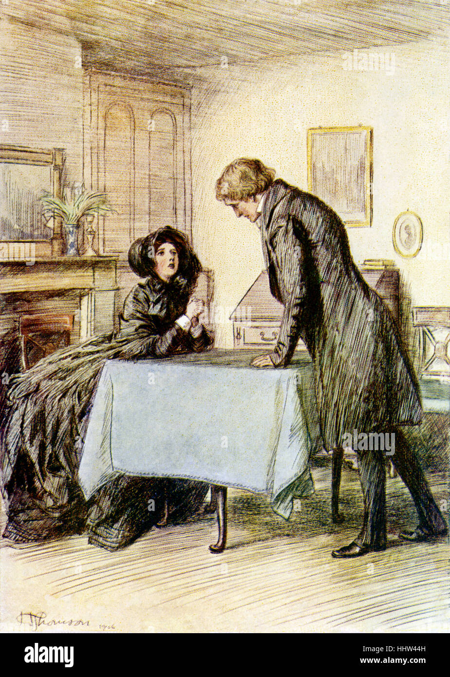 Szenen aus dem kirchlichen Leben von George Eliot.  Illustrationen von Hugh Thomson. Bildunterschrift lautet: "Schlechte Janet ausgegossen ihre Geschichte" Stockfoto