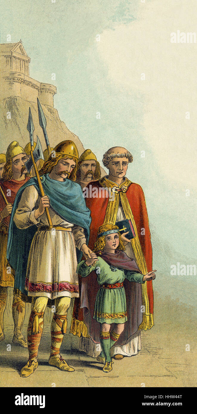 Alfred der große als kleiner Junge mit seinem Vater Ethelwolf in Rom, wo er von Papst Leo IV. bestätigt wurde, die nach Stockfoto