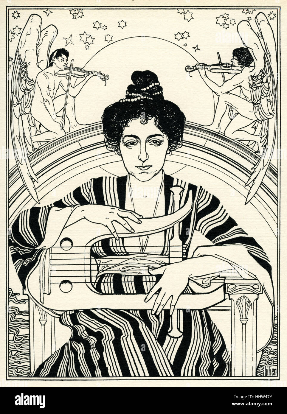 Ephraim Moses Lilien Darstellung der Lieder des Lebens. Zeigt junge jüdische Frau, die Leier zu spielen. Engel spielt Geige Stockfoto