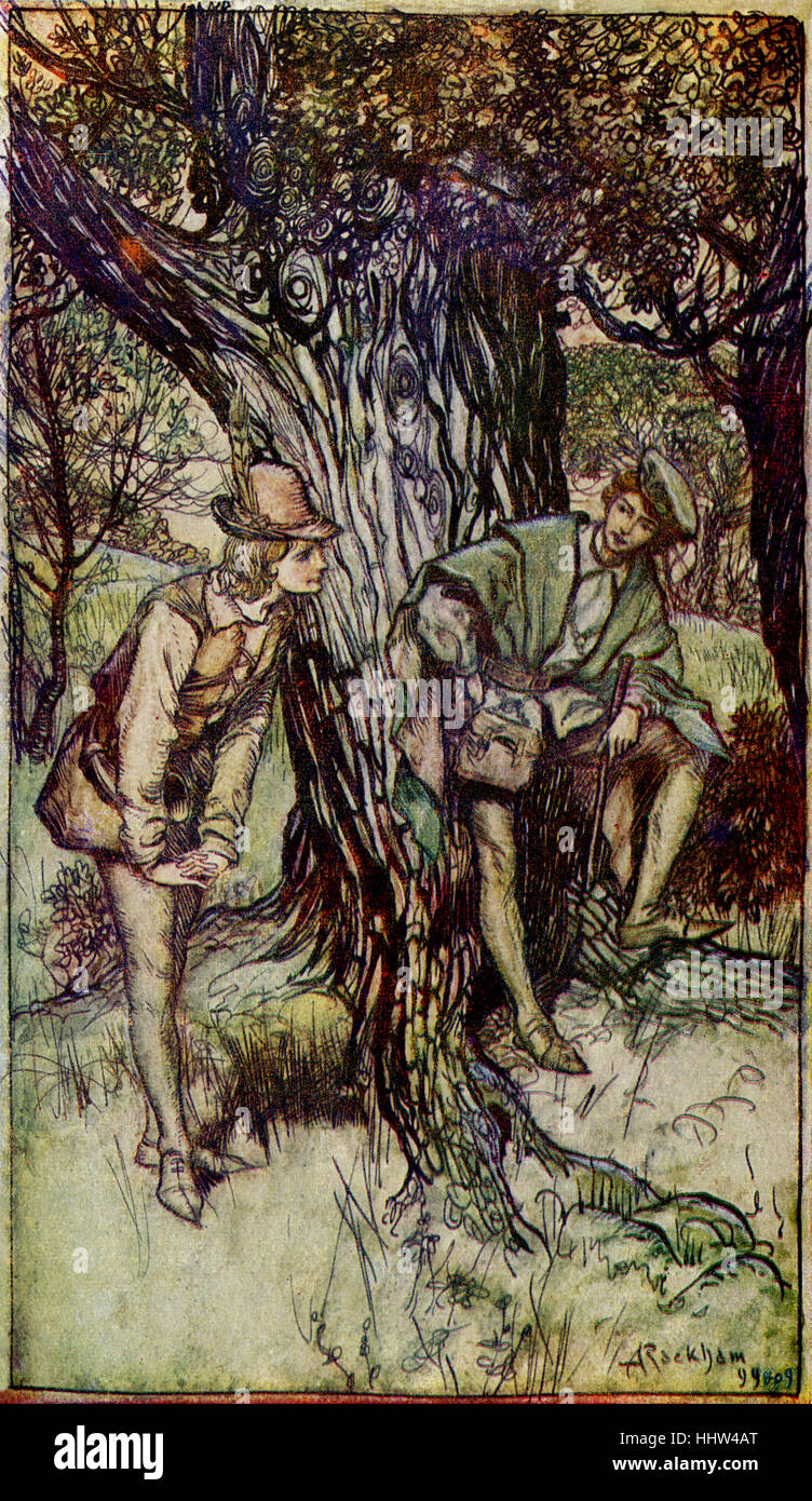 Wie es euch gefällt von William Shakespeare.  Illustration von Arthur Rackham (1867-1939).  "Orlando wenig Gedanken, dass Ganymed Stockfoto
