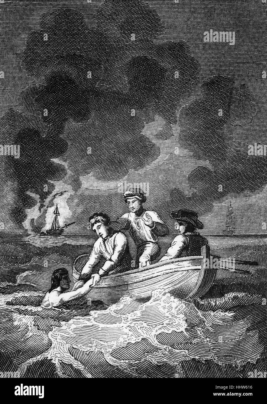Auf seinem Weg nach draußen bis zum Mittelmeer im Jahre 1758 hisste Vizeadmiral Brodrick seine Fahne in die Prince George als Konvoi nach einer Handelsflotte. Das Schiff nahm Feuer auf See am 13. April und wurde völlig zerstört. Er seine Kleider abgestreift und sprang in das Meer, wo er für eine Stunde vor der Abholung durch eines der Handelsschiffe Schwamm. Stockfoto