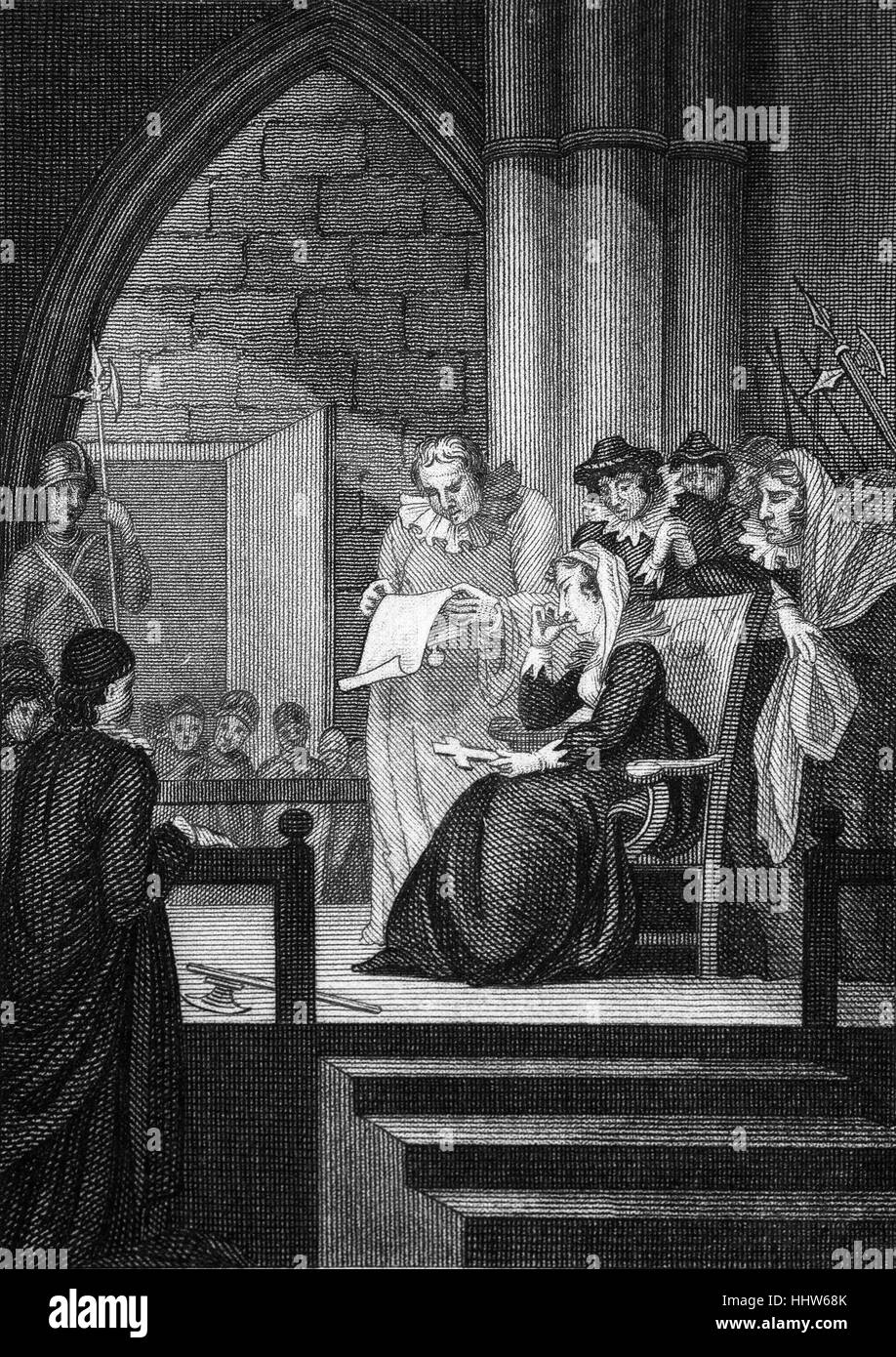 Maria, Königin von Schottland (1542 – 1587), auch bekannt als Mary Stuart oder Mary I von Schottland, die Lesen des Todesurteil unterzeichnet von ihrer Schwester Königin Elizabeth i. am 1 Februar 1587. Am 3. Februar organisiert zehn Mitglieder des Privy Council of England, ohne Elizabeths wissen, den Satz in Fotheringhay Castle, Northumberland, England durchgeführt werden. Stockfoto